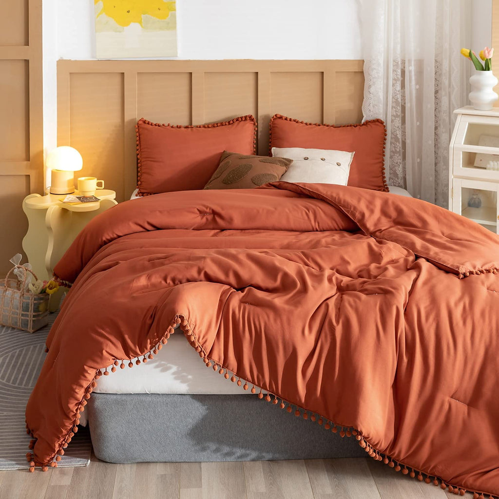 YIRDDEO Twin Comforter Set - Comforter Twin Size Bed with Ball Pom Fringe, Soft Bedding Set for All Seasons - 2 Pieces, 1 Comforter (66"x90") & 1 Pillow Sham(20"x26"), Beige