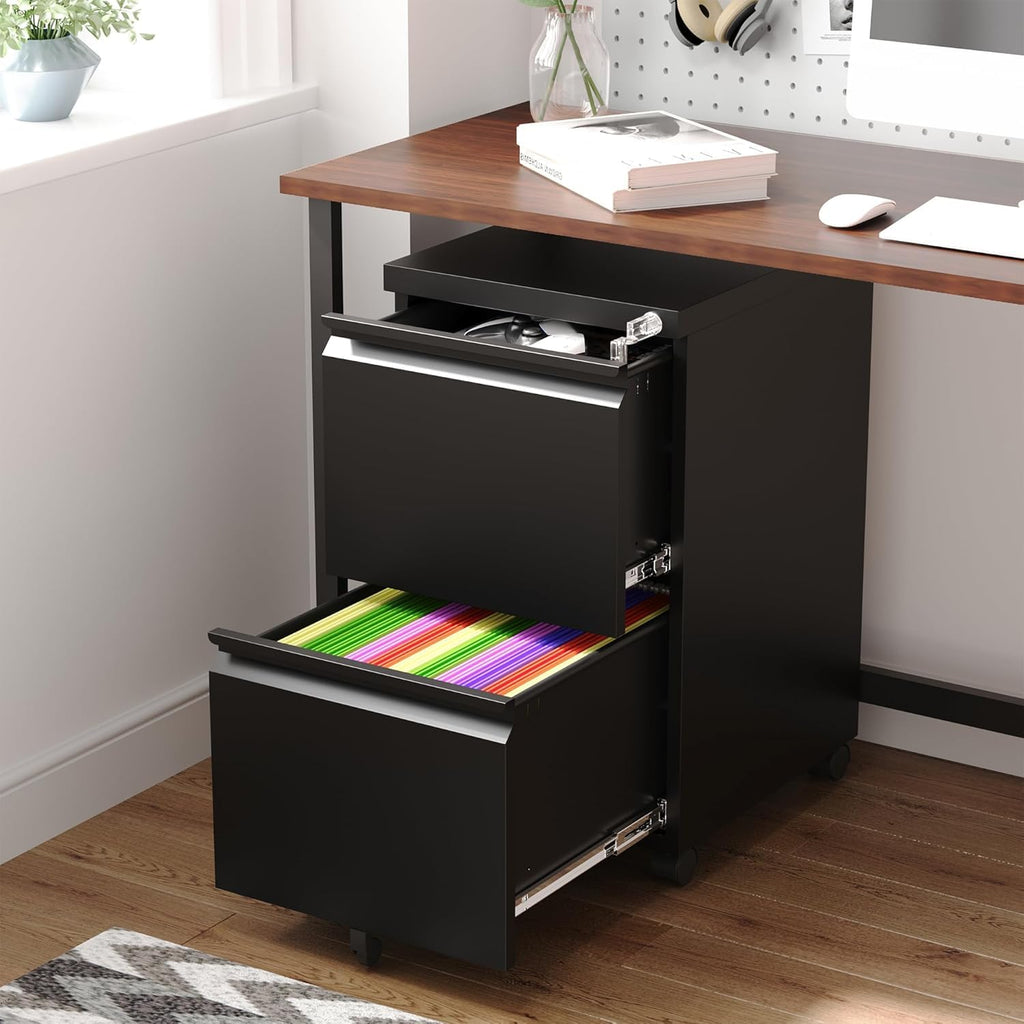 Letaya 3 Drawer Mobile File Cabinet with Lock,Under Desk Metal Small Filing Cabinets for Home Office Organizer Letters/Legal/A4(Fully Assembled Except Wheels-Black)