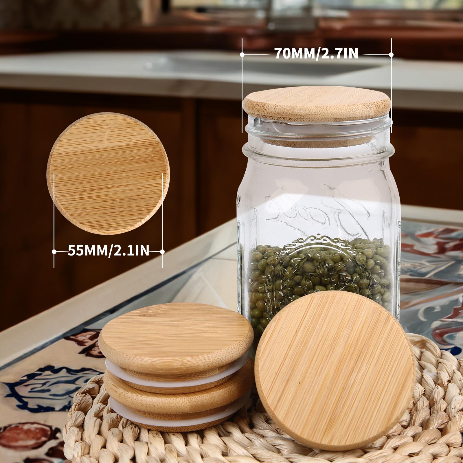 6 Pack Wide Mouth Mason Jar Lids Reusable canning lids Acacia Wooden mason jar Lids with Airtight Silicone Seal, Brown (6PCS Wide Lids)