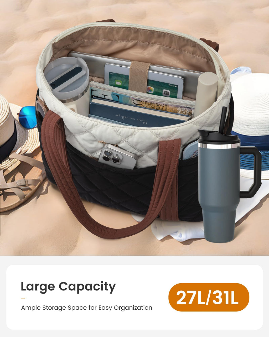 LOVEVOOK Puffer Tote Bag for Women, Puffy Work Handbag with Cup Holder, Travel Carry On Bag with Zipper for Teacher Nurse Gym