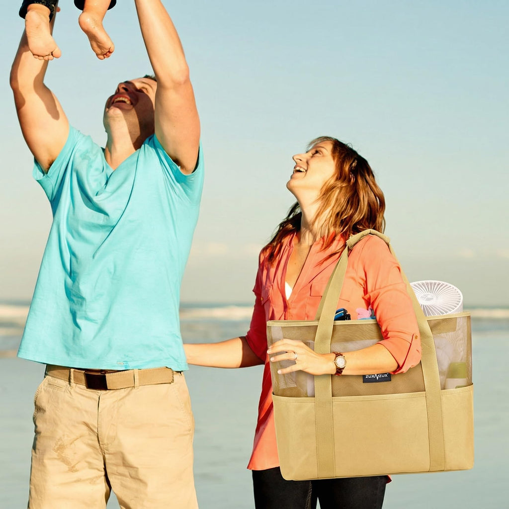 Mesh Beach Bag - Large Waterproof Beach Tote Bag with Zipper, Oversized Foldable Lightweight Family Swim Bag Vacation