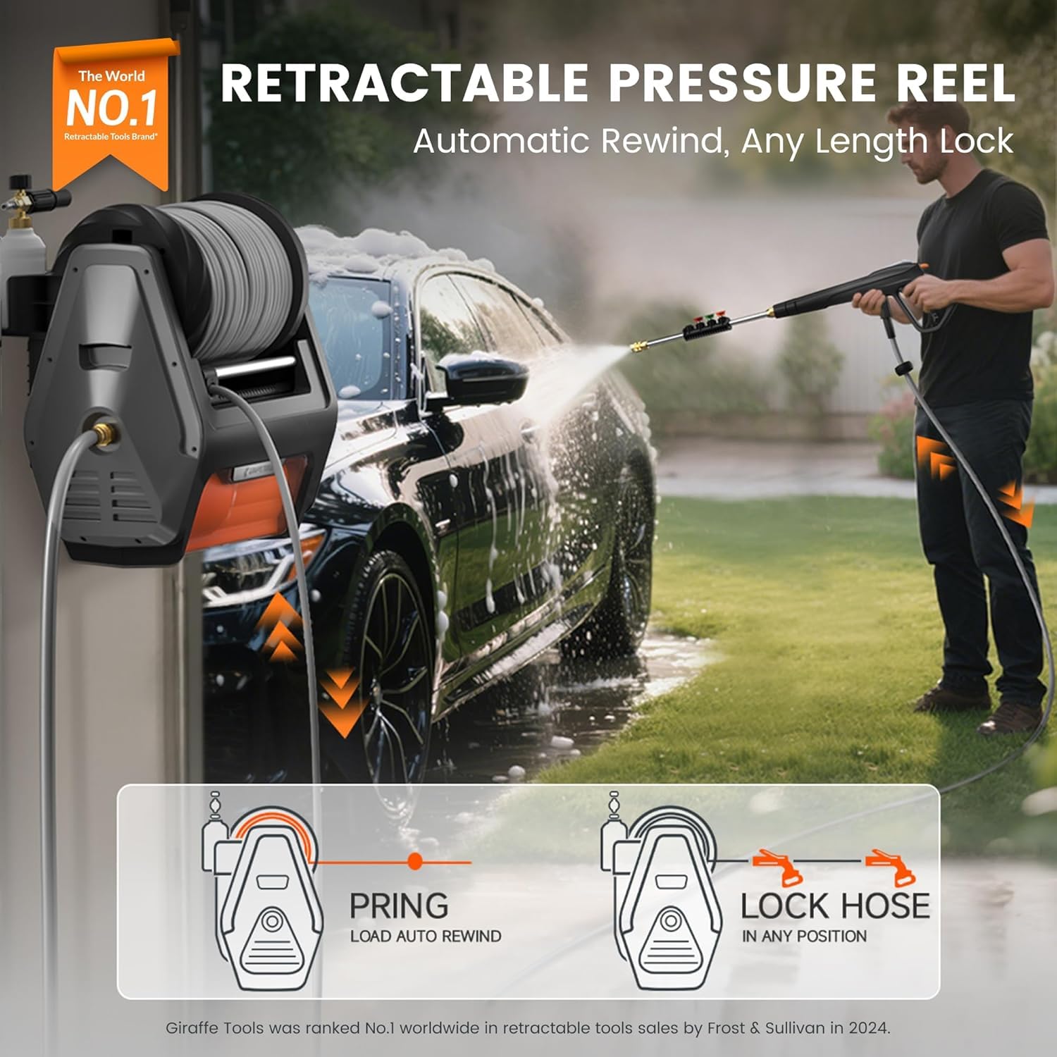 Giraffe Tools Grandfalls Retractable Wall Mounted Pressure Washer Pro, 3700 PSI, 1.6 GPM Electric Power Washer, Automatic Rewind, 100ft Pressure Hoses, 5 Nozzles for Cars/Fences/Patios, Dark Silver