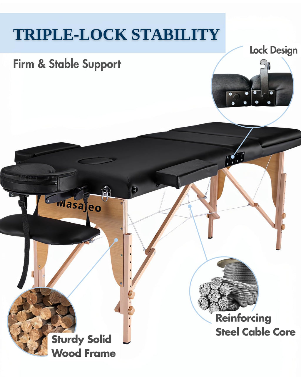Portable Massage Table Massage Bed Professional SPA Reiki Eyelash Salon Bed, Wooden Frame Height Adjustment Accessories, Black (3-Section)