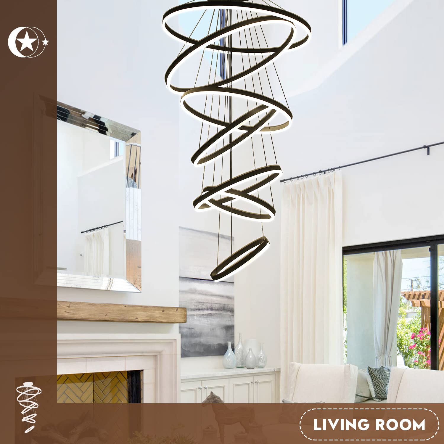 5-Rings Modern LED Chandelier Black Dimmable High Ceiling Chandelier for Dining Room with Remote Control for Foyer Living Room Entryway Staircase(D23.6’’, 3000K-6500K)