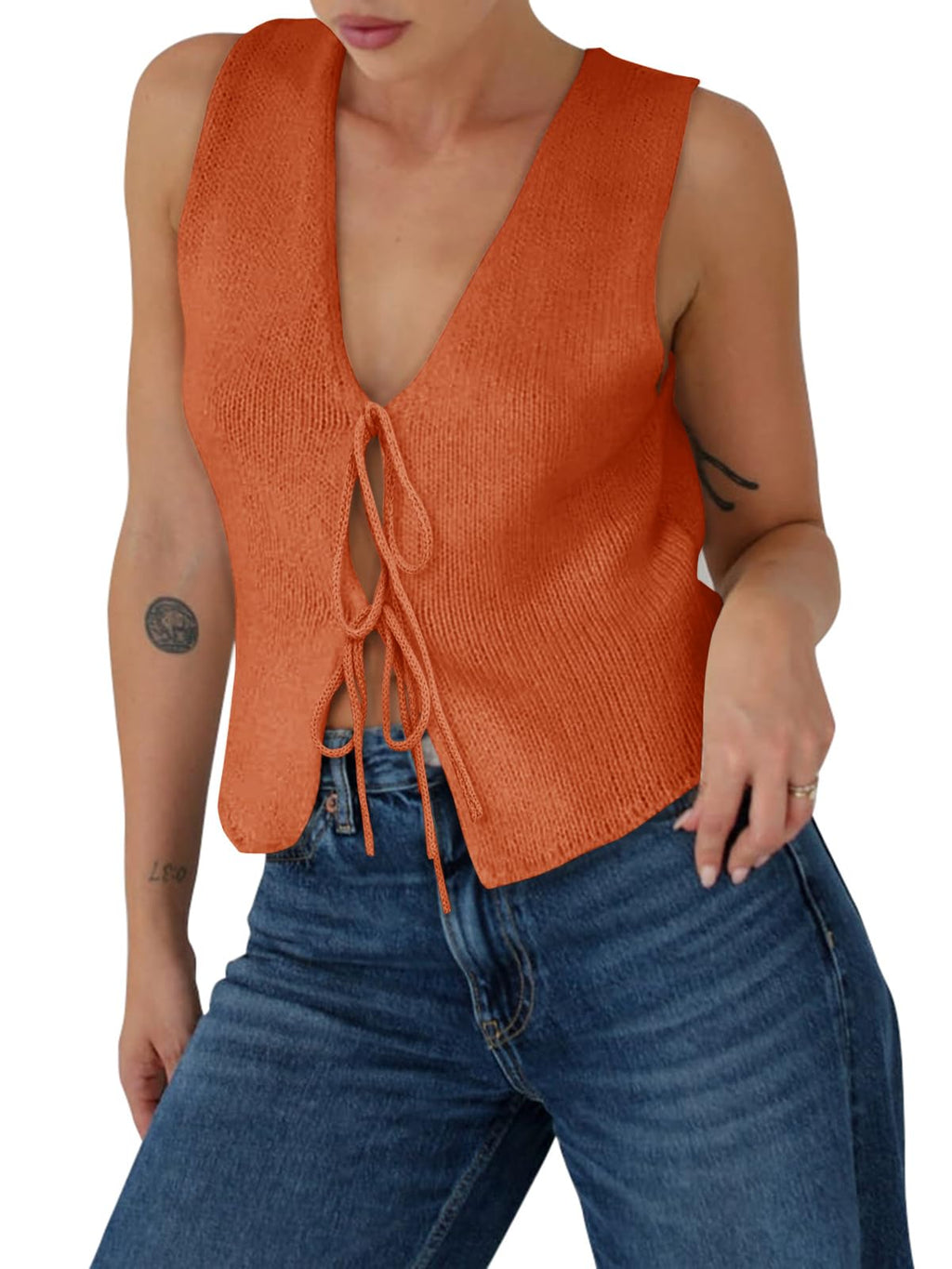 Yousify Womens Sweater Vests Tie Front Knit Vest Summer Ribbed Tank Tops Y2k Cute Vests Fashion Casual Sleeveless Tops
