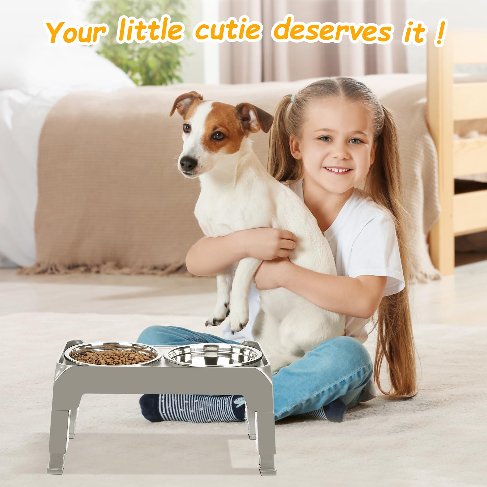 Elevated Dog Bowls 3 Height Adjustable Raised Bowl Stand with 25oz Stainless Steel Dog Food Bowls Anti-Slip for Small Dogs Adjusts to 7.5", 6", 2.75", Black