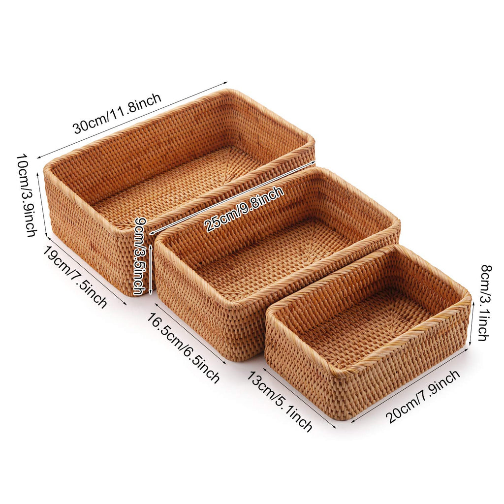 Natural Rattan Fruit Storage Baskets Rectangular Woven Wicker Box for Key Holder Remote Stackable Natural Set of 3