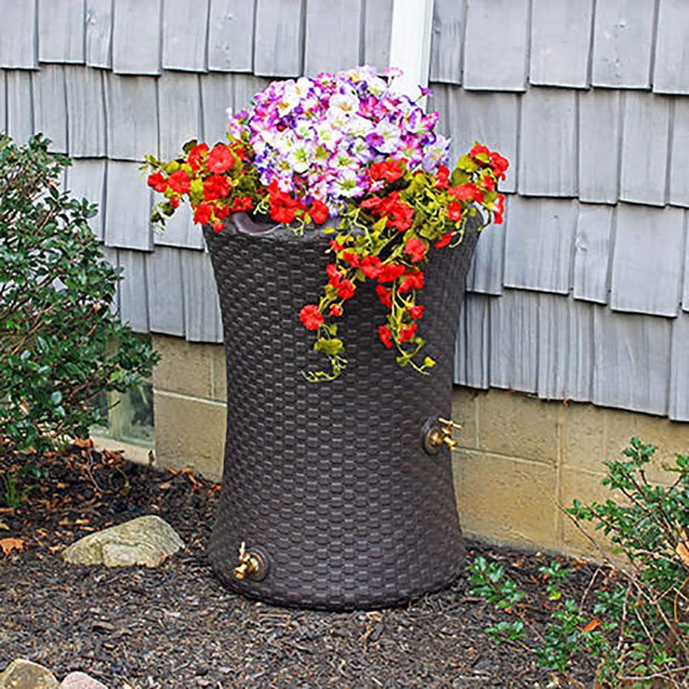 Good Ideas Impressions 50 Gallon Nantucket Outdoor Home Rain Barrel Water Storage Collector with Garden Planter and Brass Spigot, Black (2 Pack)