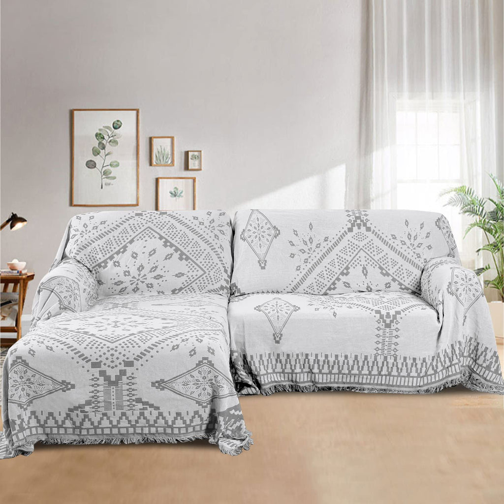 H.VERSAILTEX Cotton Sofa Covers Couch Cover Sofa Slipcover for Most Shape Sofas, Feature Thick Woven Jacquard Seamless with Tassels, Multi-Use Decorative for Couch (Medium: 71" x 91", Green)
