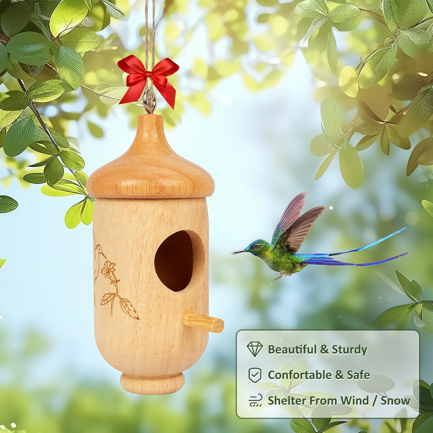 Hummingbird House, Small Hummingbird Houses for Outside, Wooden Bird House with Bow, String, Cute Gardening Gifts Home Decoration