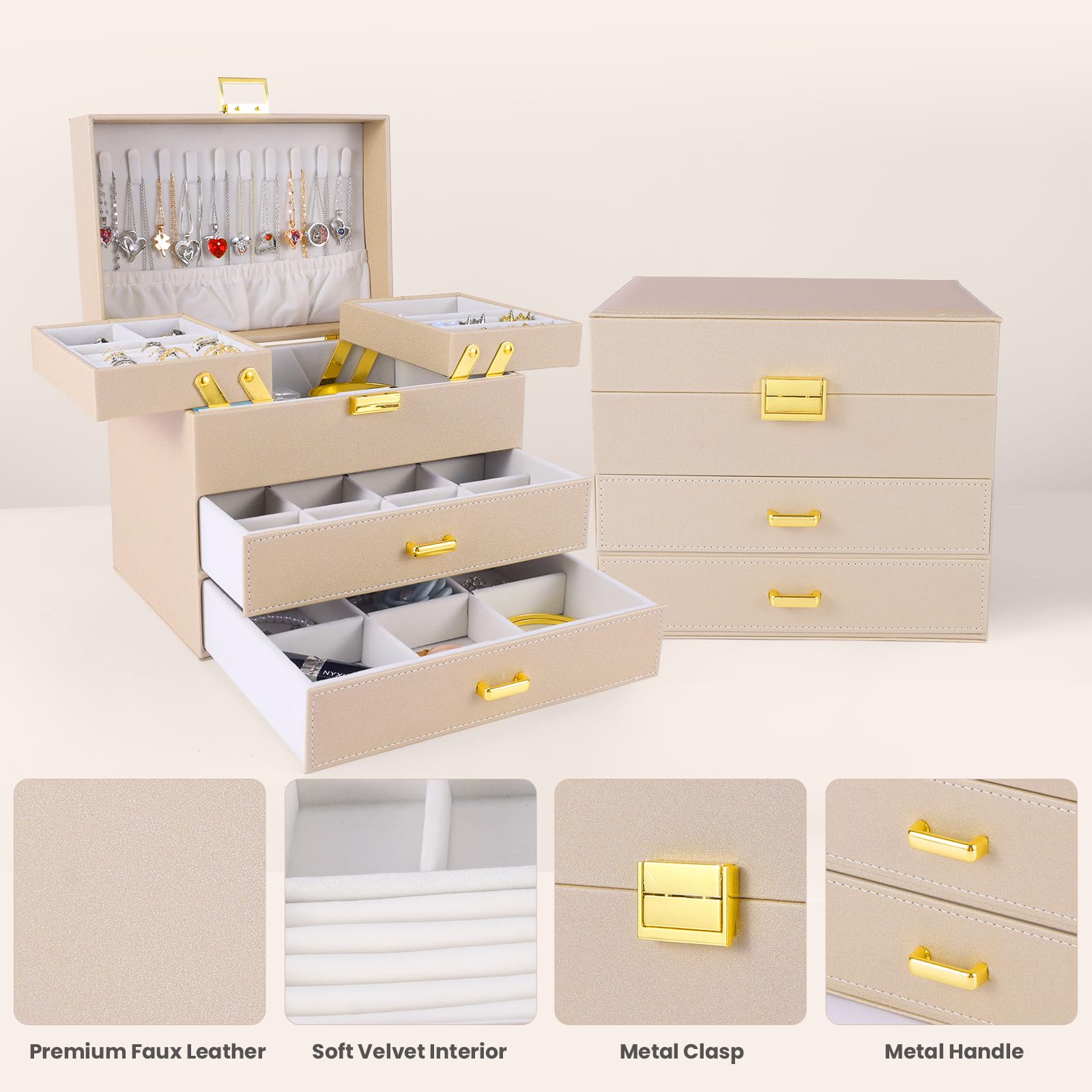 Dajasan Jewelry Organizer Box, Large Jewelry Boxes for Women Girls, Space-Saving 4 Layers Jewelry Storage Case with Drawer, Movable Metal Stand, Modern, Gift Idea (Green)