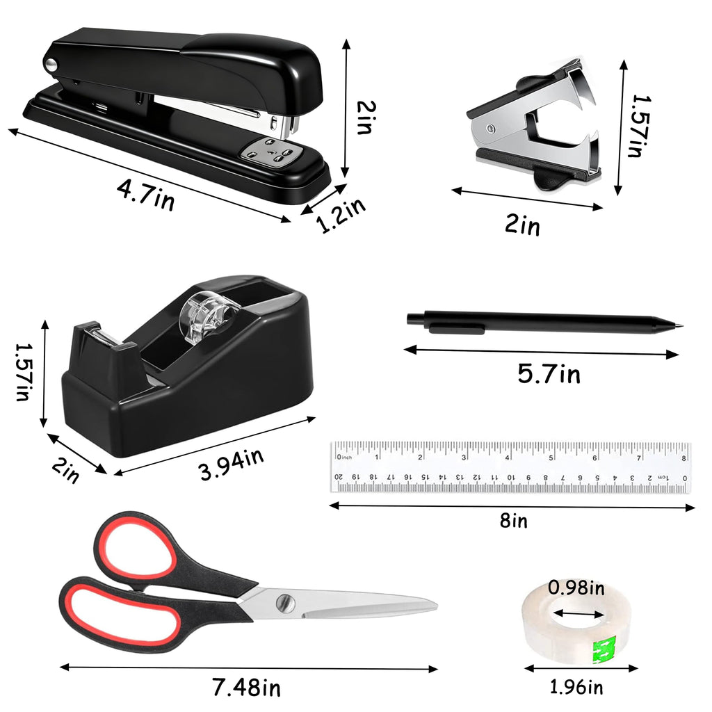 Dimonluce Office Desk Accessories, Black Office Supplies Accessories with Tape Dispenser, Stapler, Staple Remover, 1000 Staples, Tape, Clips Set, Ruler, Scissor, Pen