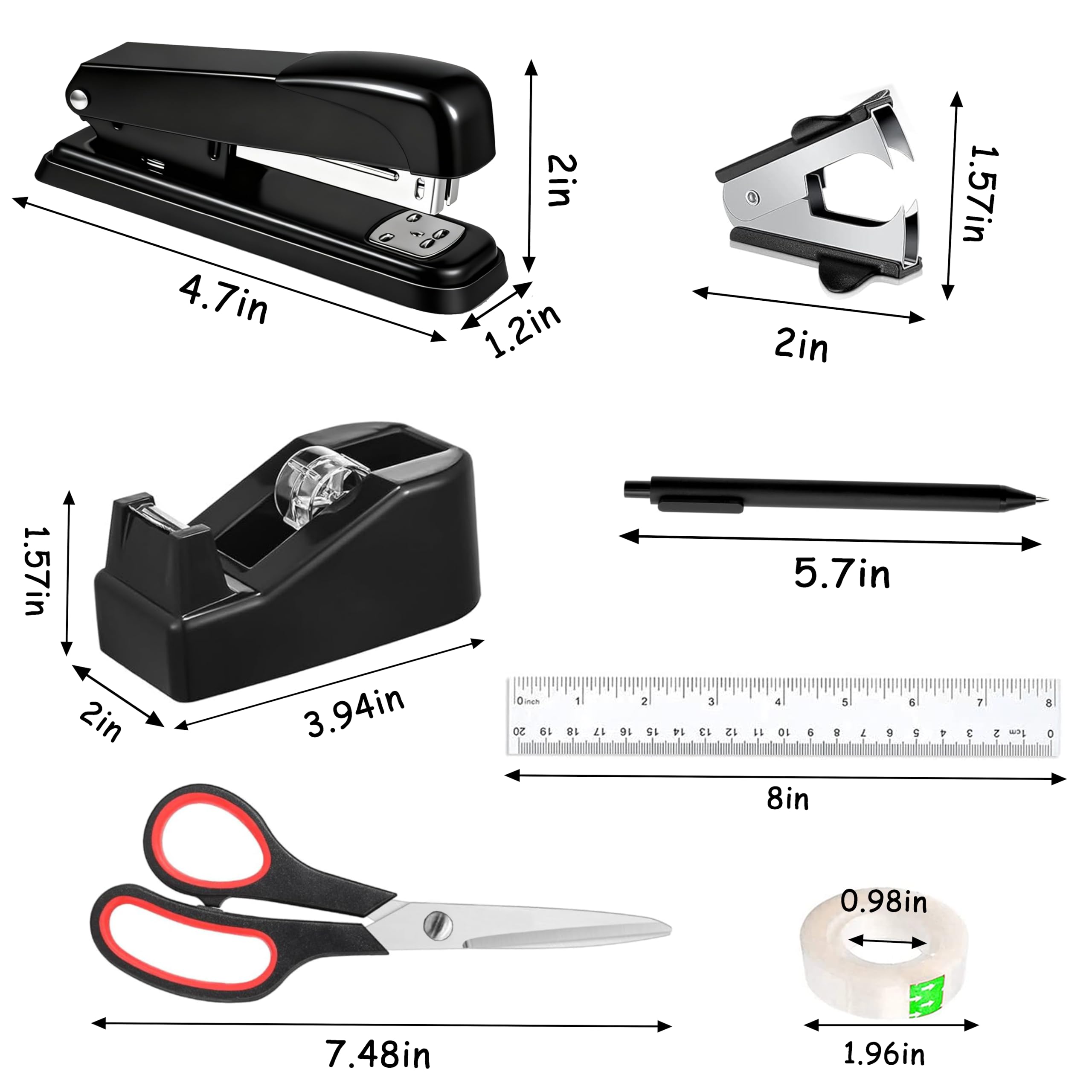 Dimonluce Office Desk Accessories, Black Office Supplies Accessories with Tape Dispenser, Stapler, Staple Remover, 1000 Staples, Tape, Clips Set, Ruler, Scissor, Pen