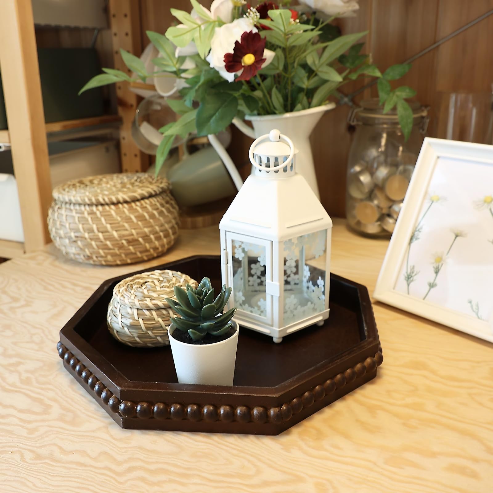 Hrastany Wood Rustic Serving Tray with Beads, Farmhouse Black Decorative Tray for Table Centerpiece, Christmas Wedding Halloween Home Decor