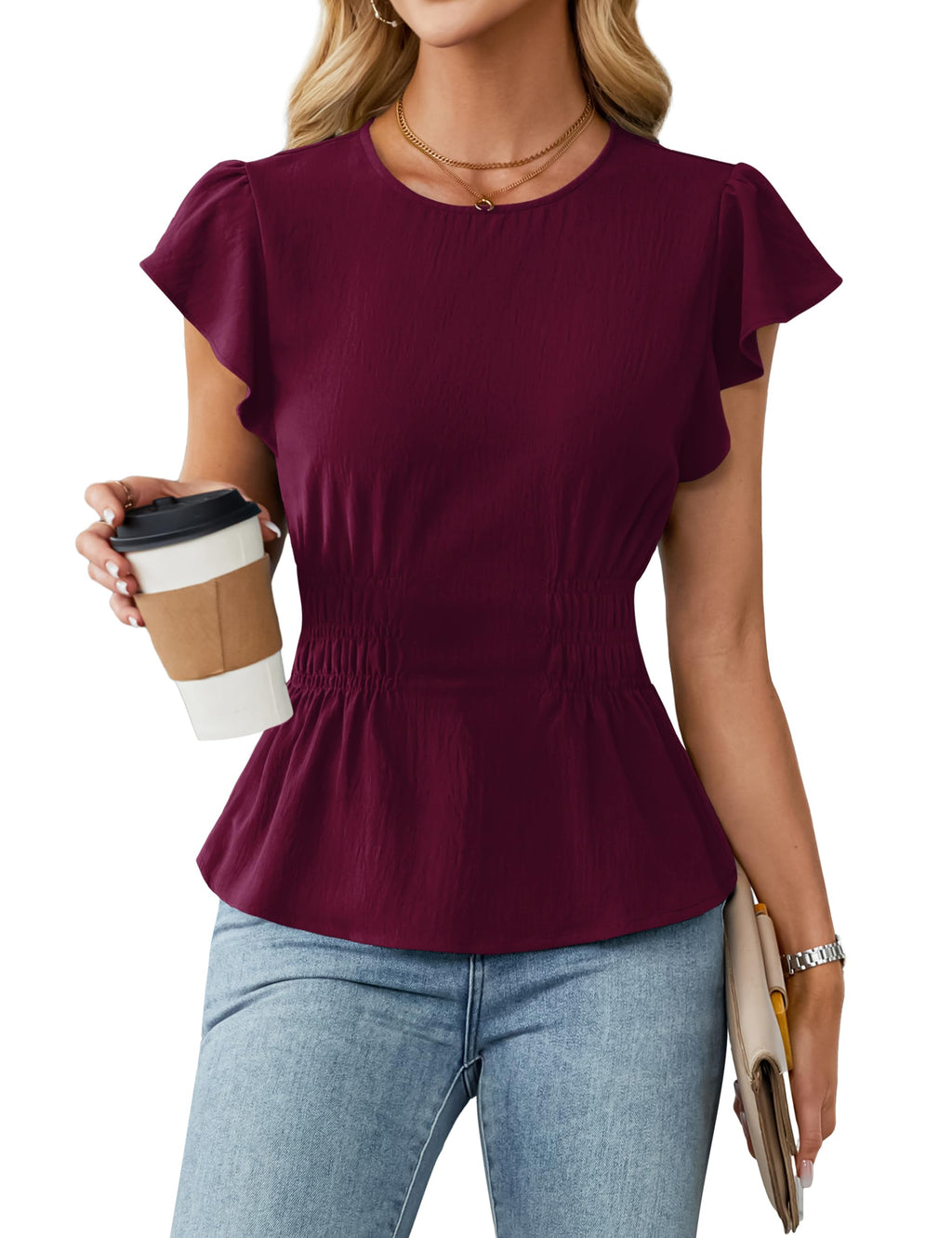 Blooming Jelly Women's Dressy Casual Blouses Business Ruffle Short Sleeve Tops Summer Crew Neck Smocked Shirts