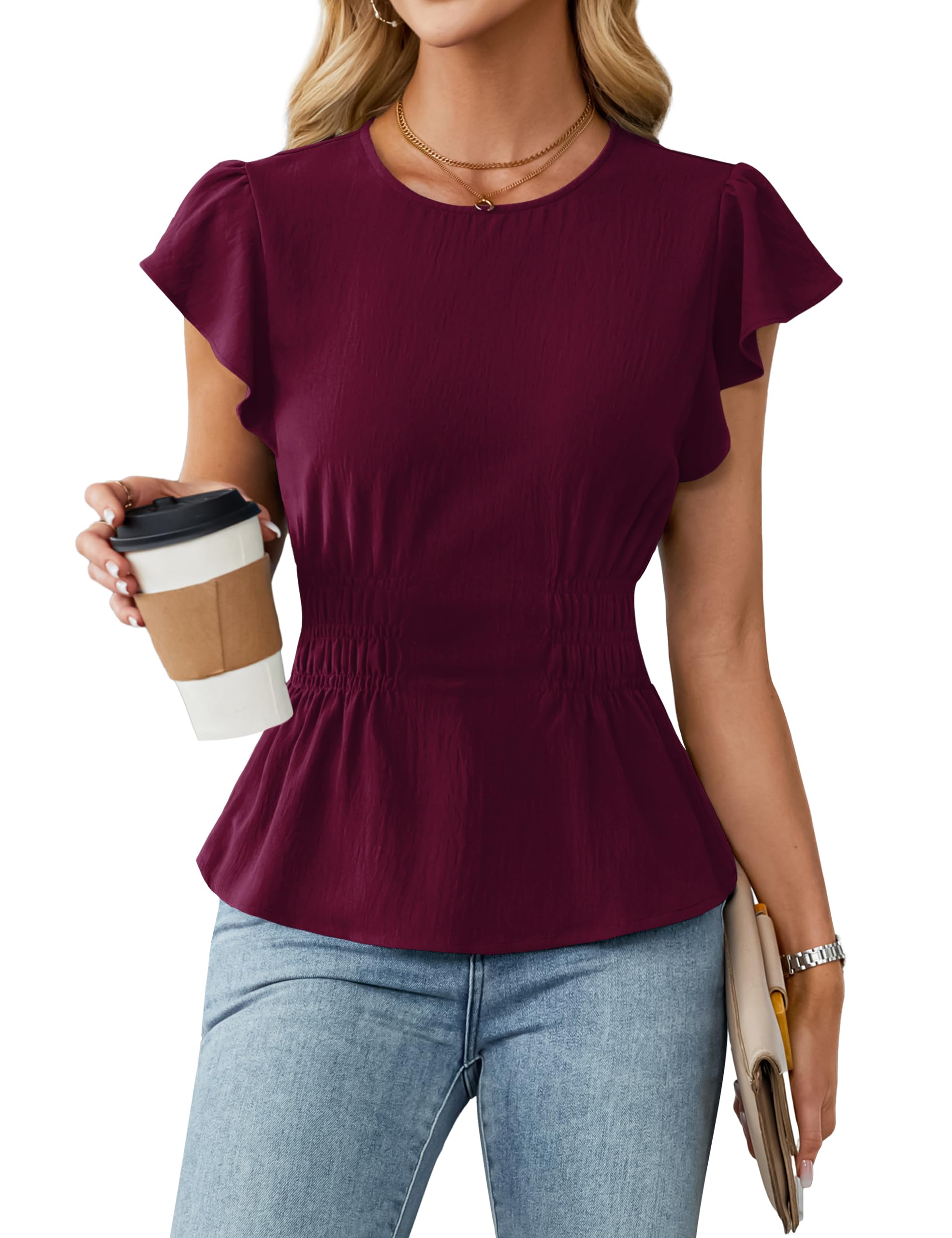 Blooming Jelly Women's Dressy Casual Blouses Business Ruffle Short Sleeve Tops Summer Crew Neck Smocked Shirts