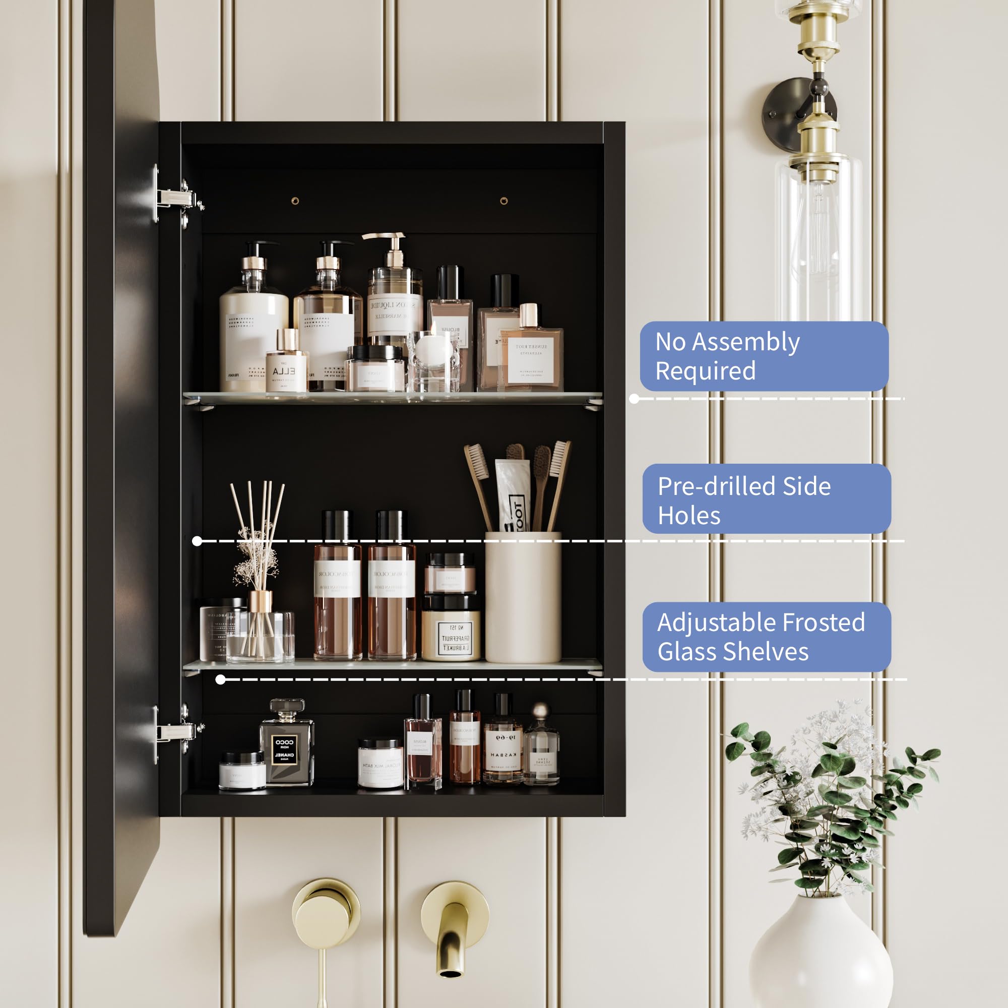 AGDULL Victorian Surface Mount or Recessed Medicine Cabinet, Wood Bathroom Wall Cabinet with Arched Mirror, Black, Left-Swing Door, Overall 16.5" W x 24" H