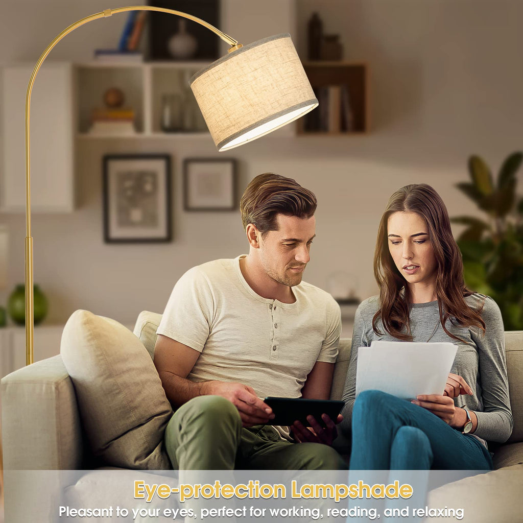 Rattan Floor Lamp, Arc Floor Lamps for Living Room, Farmhouse Standing Lamp with Adjustable Hanging Fabric Shade, Tall Pole Lamp with Foot Switch, Over Couch Arched Reading Light for Bedroom, Office