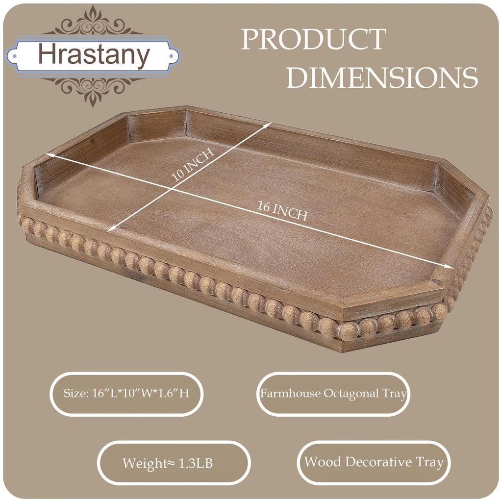 Hrastany Wood Rustic Serving Tray with Beads, Farmhouse Black Decorative Tray for Table Centerpiece, Christmas Wedding Halloween Home Decor
