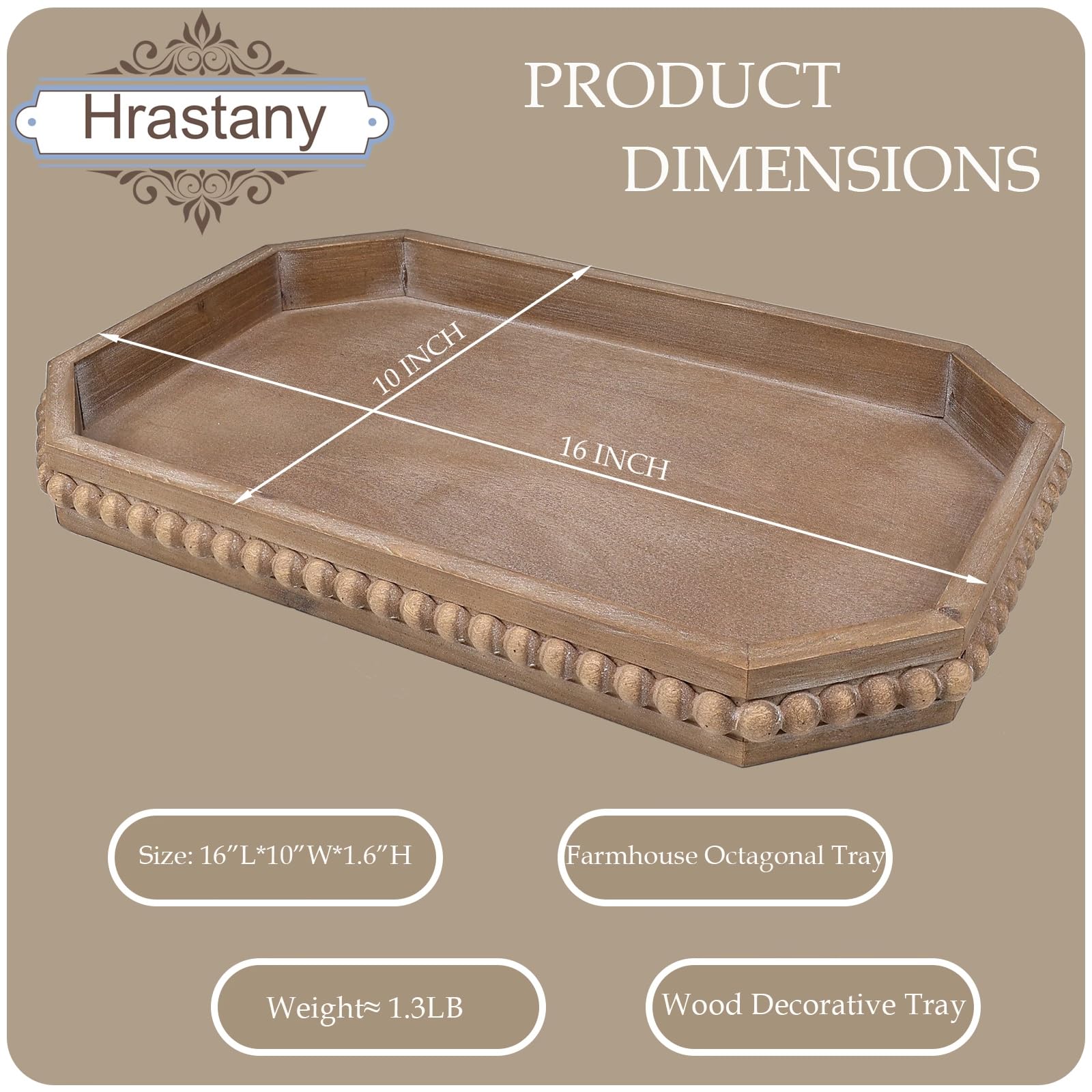 Hrastany Wood Rustic Serving Tray with Beads, Farmhouse Black Decorative Tray for Table Centerpiece, Christmas Wedding Halloween Home Decor