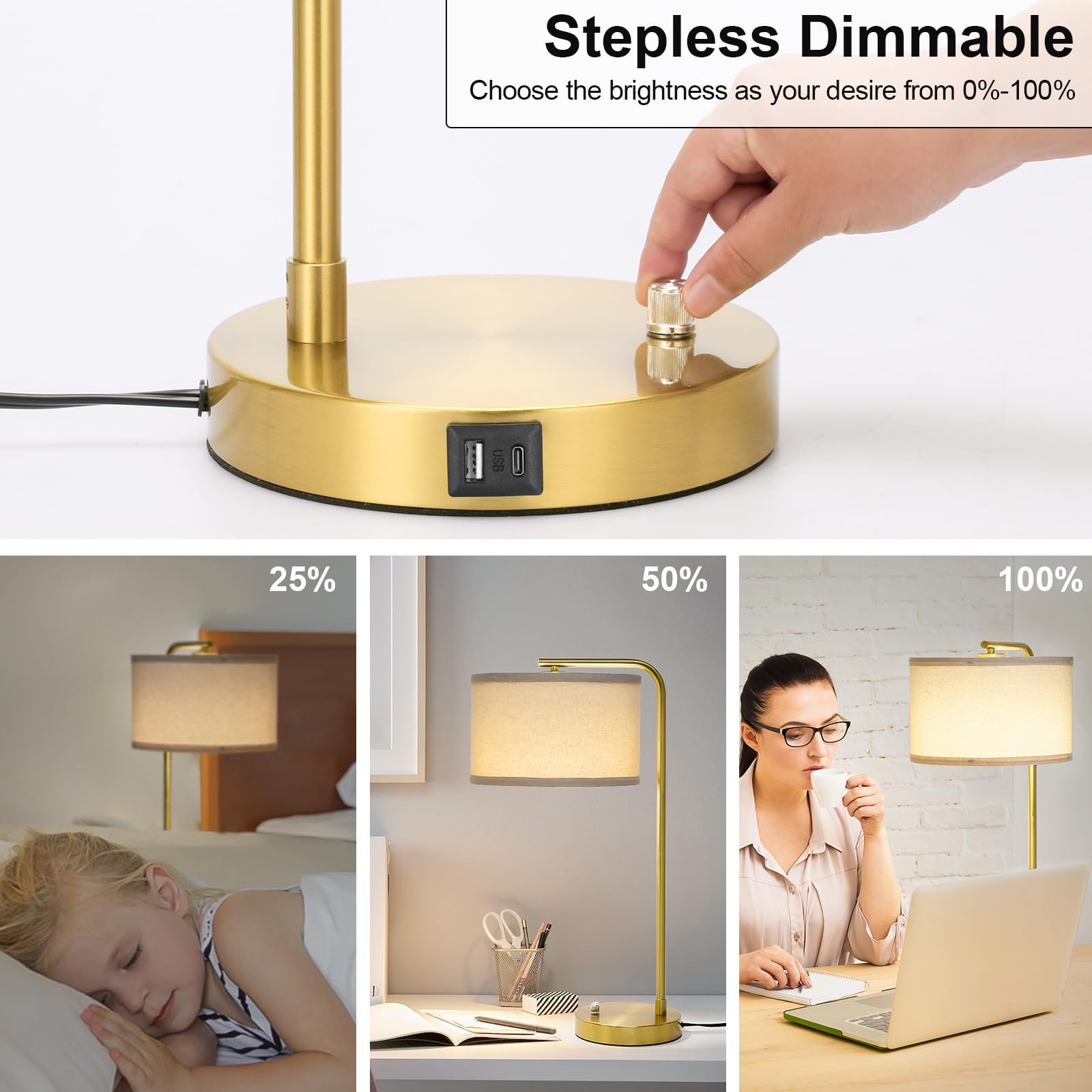 Table Lamps Set of 2, Fully Dimmable Bedside Lamp with USB C+A Charging Ports, Modern Nightstand Lamps with Linen Fabric Shades, Tall Desk Lamp for Bedroom, Living Room, Office, LED Bulb Included