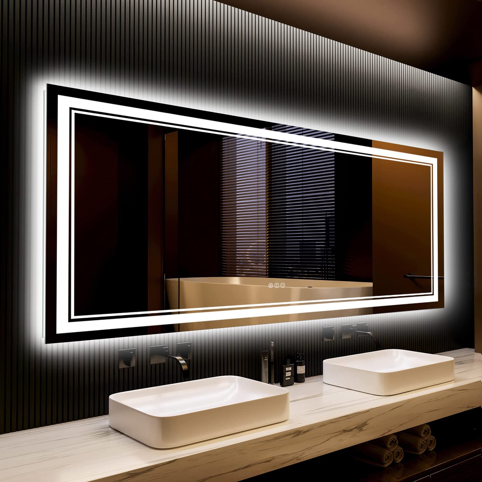 24x32 Black Framed LED Bathroom Mirror with Lights, Backlit and Front Lit Anti-Fog Lighted Vanity Mirrors for Bathroom Wall, Dimmable, 3 Colors, Memory, HD Tempered Glass, Horizontal/Vertical