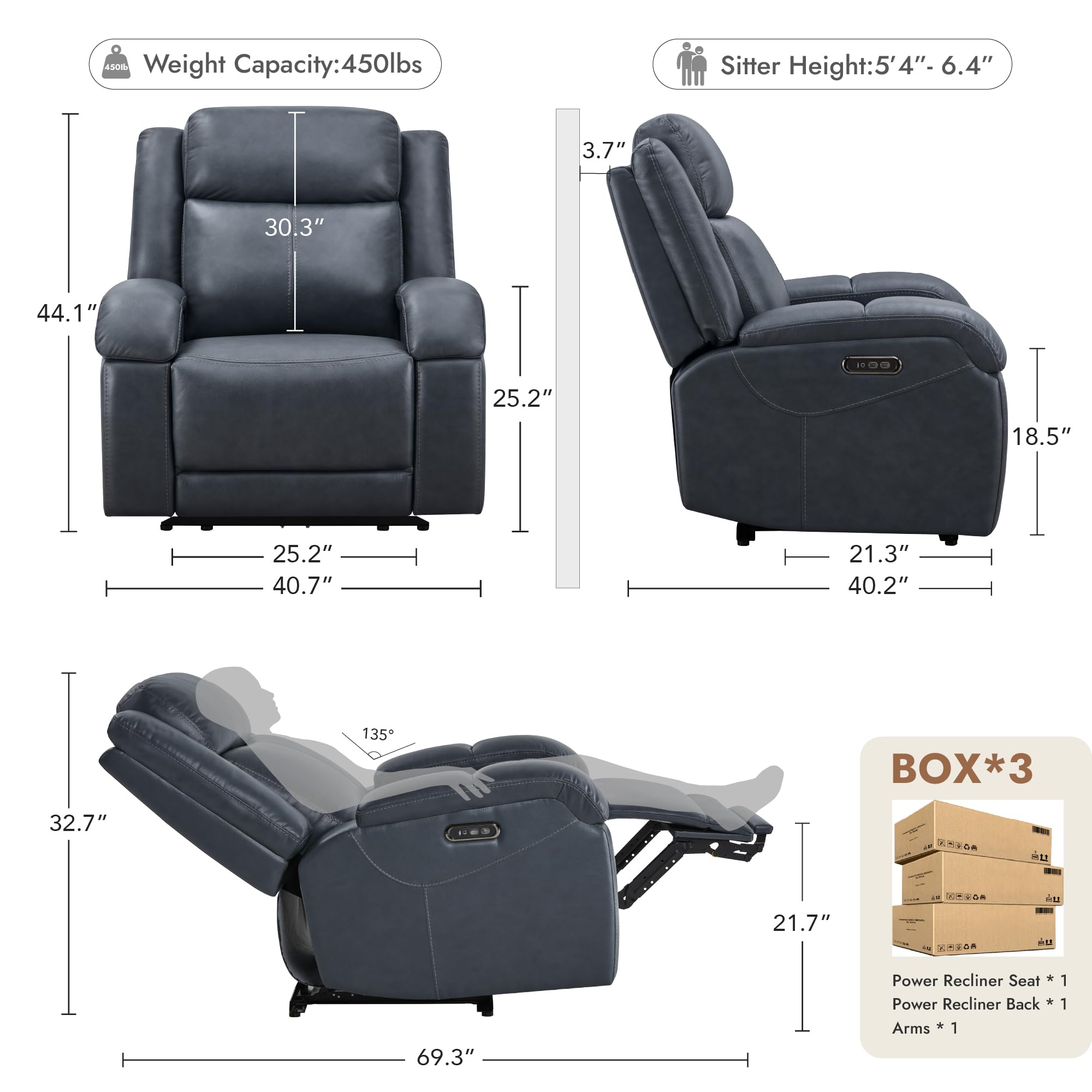 Watson & Whitely Genuine Leather Power Recliner Chairs for Adults, Wall Hugger RV Recliner with Power Headrest & Charging Ports, Electric Recliner Sofa Chair for Living Room, Black
