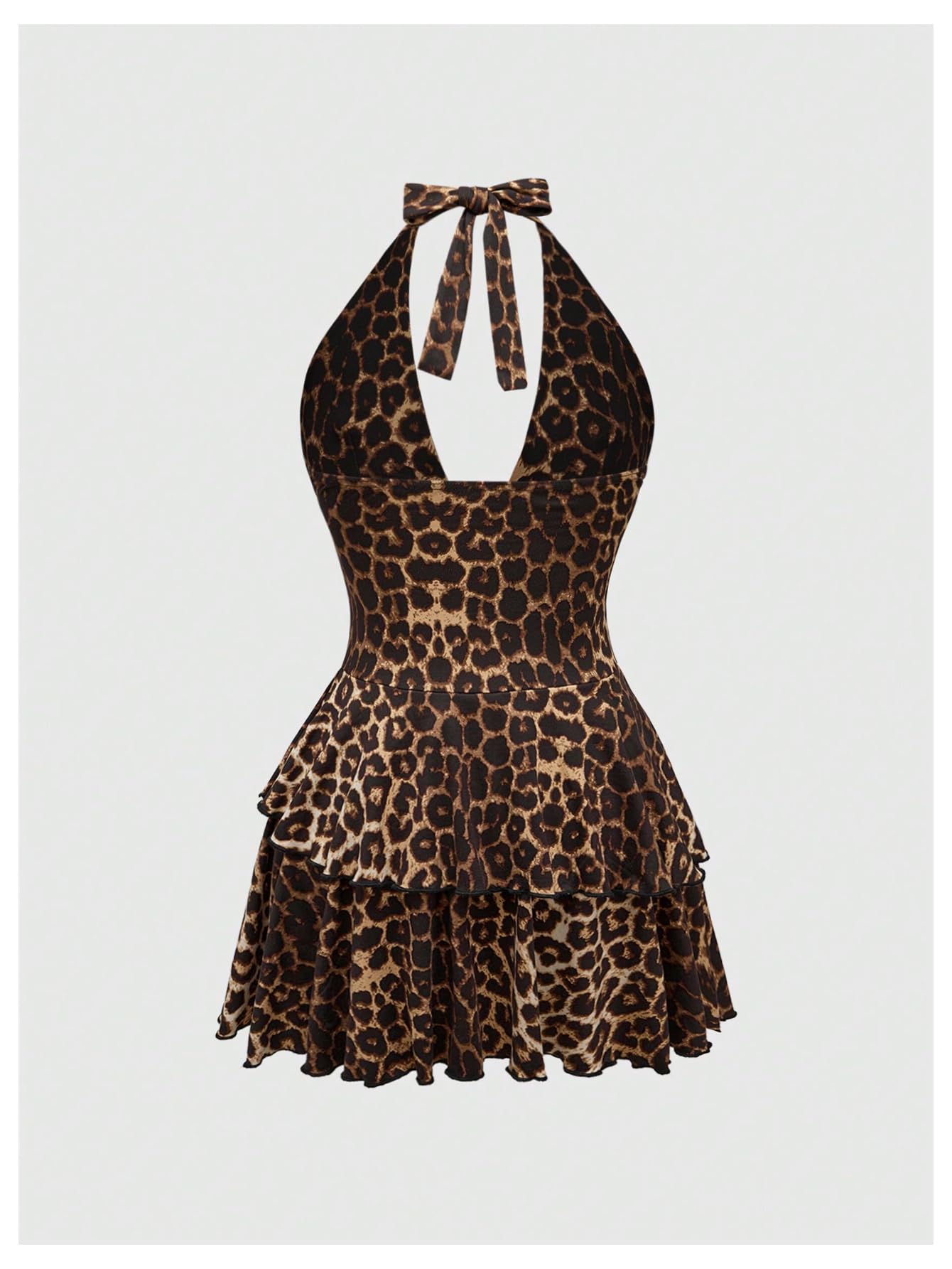 SOLY HUX Women's Plus Size Leopard Print Halter Dress Y2k Gothic Deep V Cheetah Tie Backless Layered Ruffle Mini Dresses