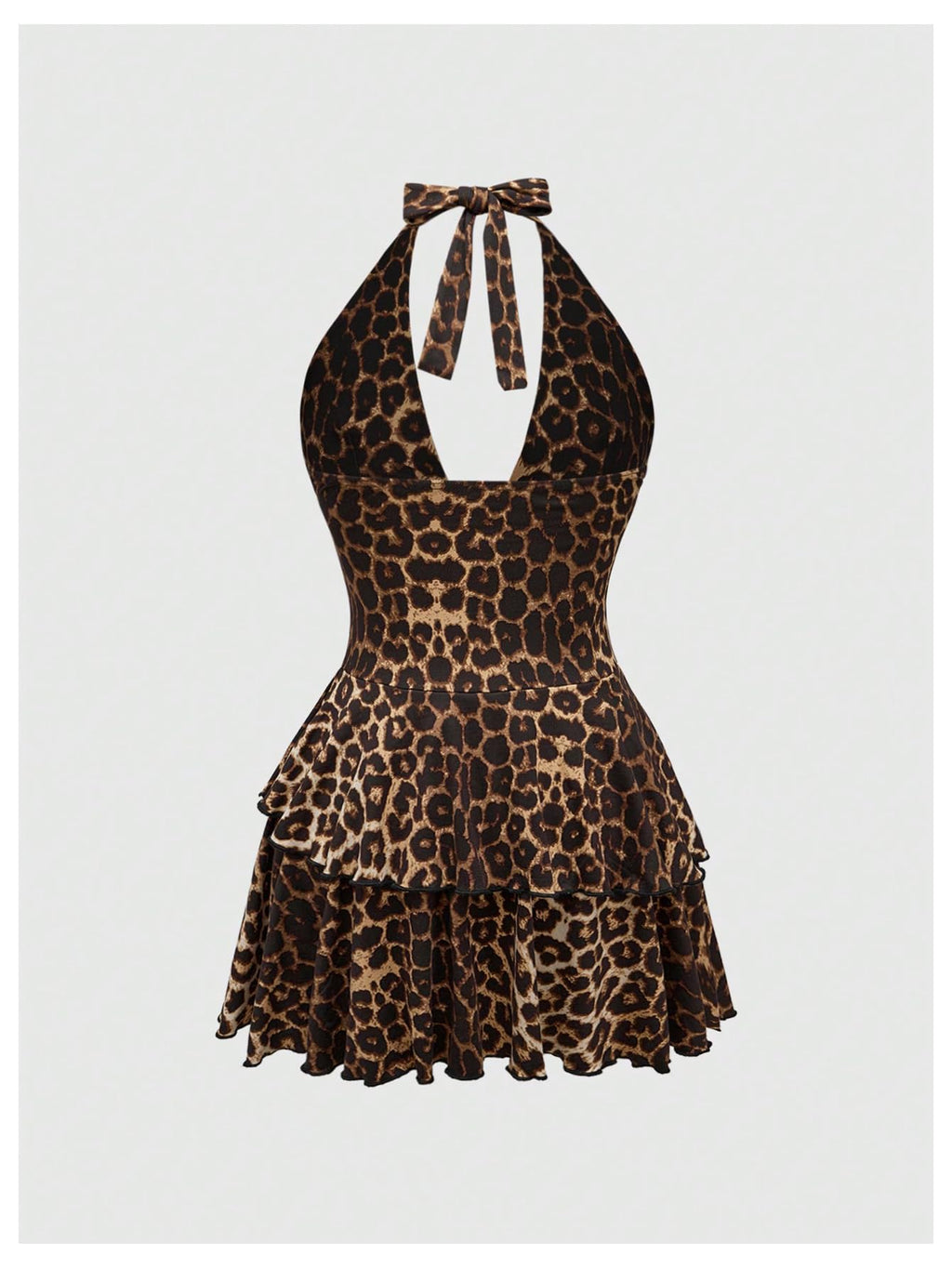 SOLY HUX Women's Plus Size Leopard Print Halter Dress Y2k Gothic Deep V Cheetah Tie Backless Layered Ruffle Mini Dresses