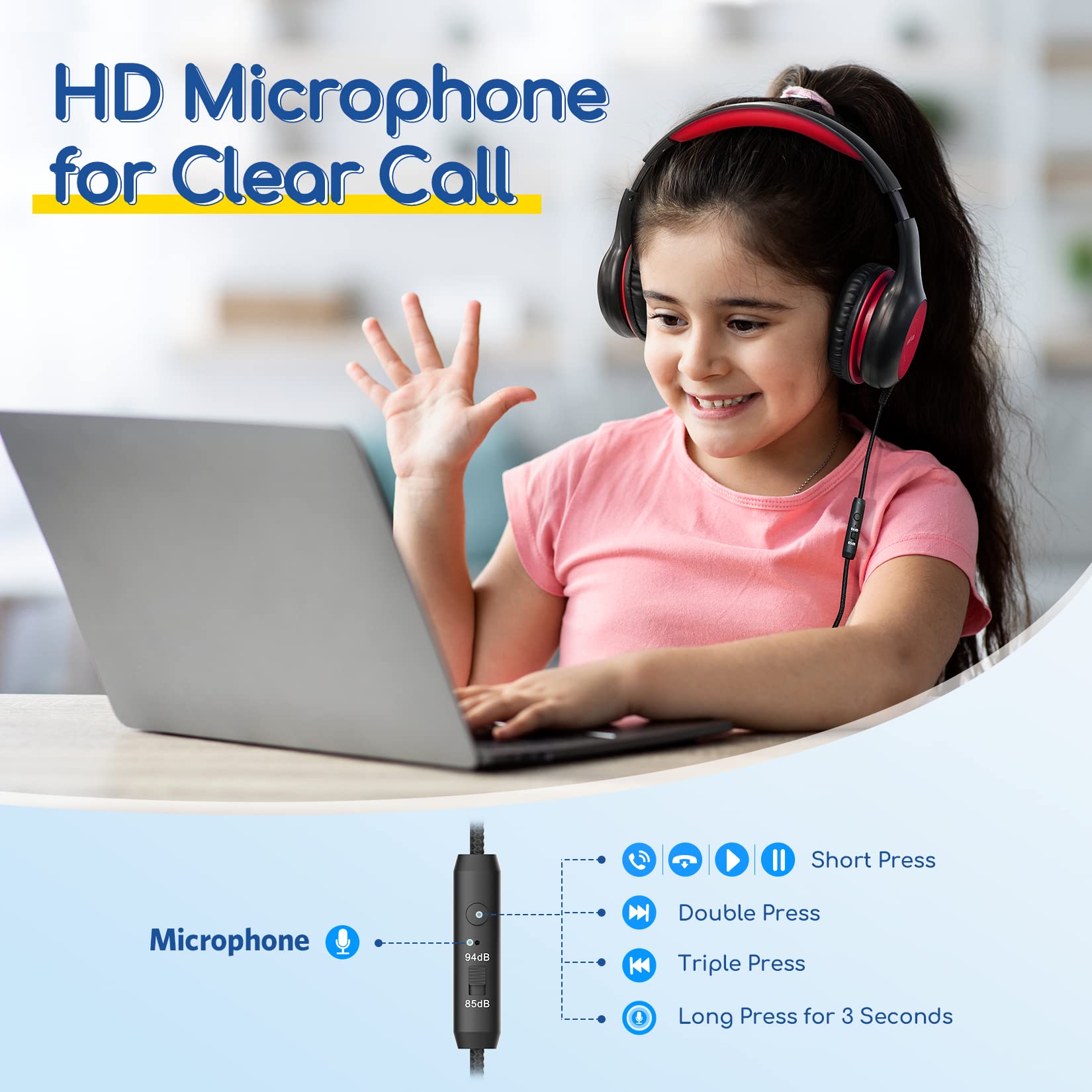 EarFun K1 Kids Headphones Wired with Microphone, 85/94dB Volume Limit Headphones for Kids, Portable Wired Headphone with Shareport, Stereo Sound Foldable Headset for School/Tablet/iPad, Black Red
