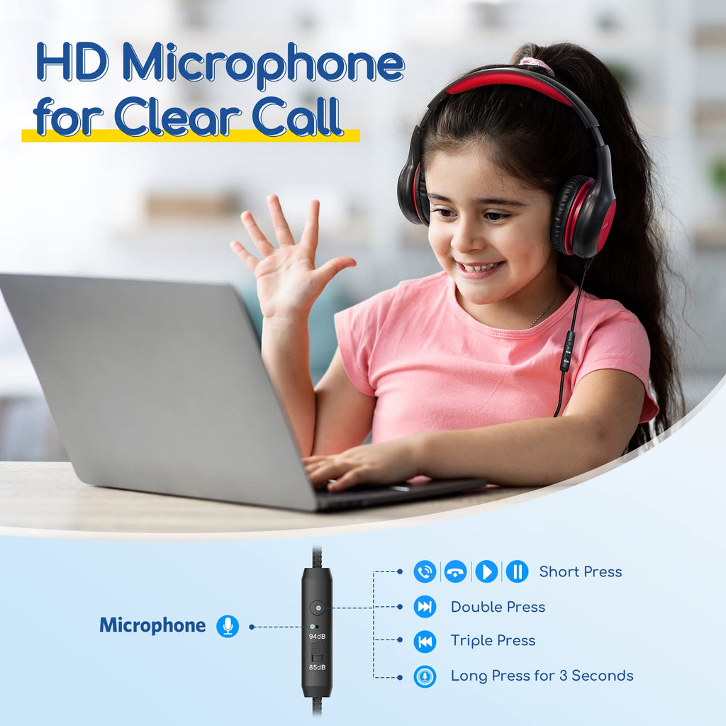 EarFun K1 Kids Headphones Wired with Microphone, 85/94dB Volume Limit Headphones for Kids, Portable Wired Headphone with Shareport, Stereo Sound Foldable Headset for School/Tablet/iPad, Black Red