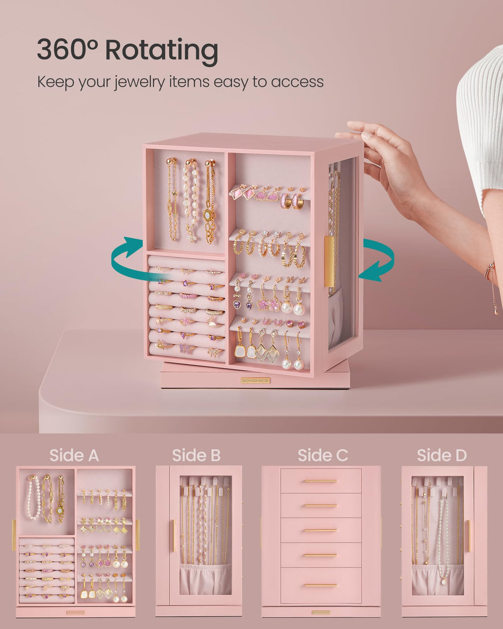 SONGMICS GISELLA Collection - Jewelry Box Organizer 360° Rotating, Vertical Jewelry Storage Case with 5 Drawers, Glass Window, Spacious, Open Design, Great Gift, Cloud White UJBC170W01