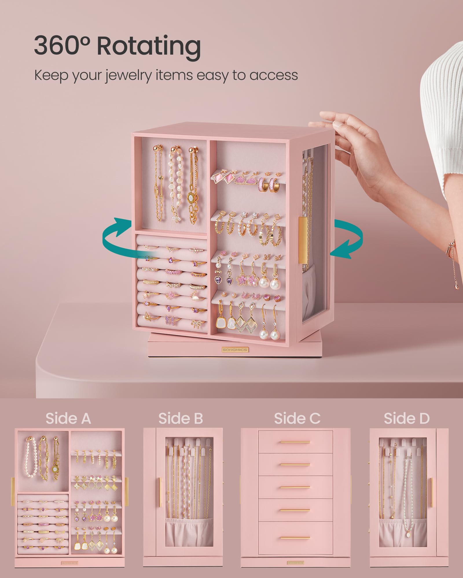 SONGMICS GISELLA Collection - Jewelry Box Organizer 360° Rotating, Vertical Jewelry Storage Case with 5 Drawers, Glass Window, Spacious, Open Design, Great Gift, Cloud White UJBC170W01
