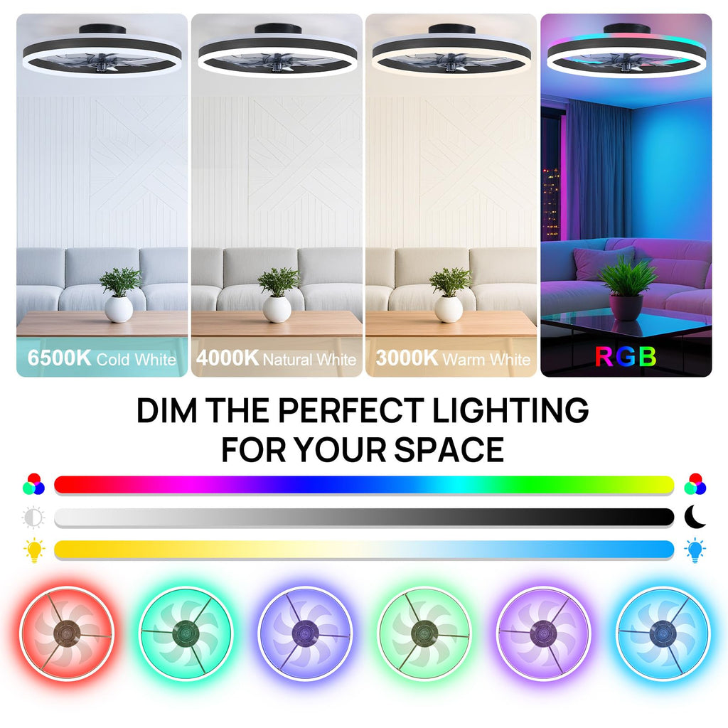 16 Inch RGB Low Profile Ceiling Fans with Lights, Modern Flush Mount Fandelier Chandelier Fixture, Remote & APP Control, Black LED Ceiling Fan Light for Bedroom, Living Room, Kitchen Indoor