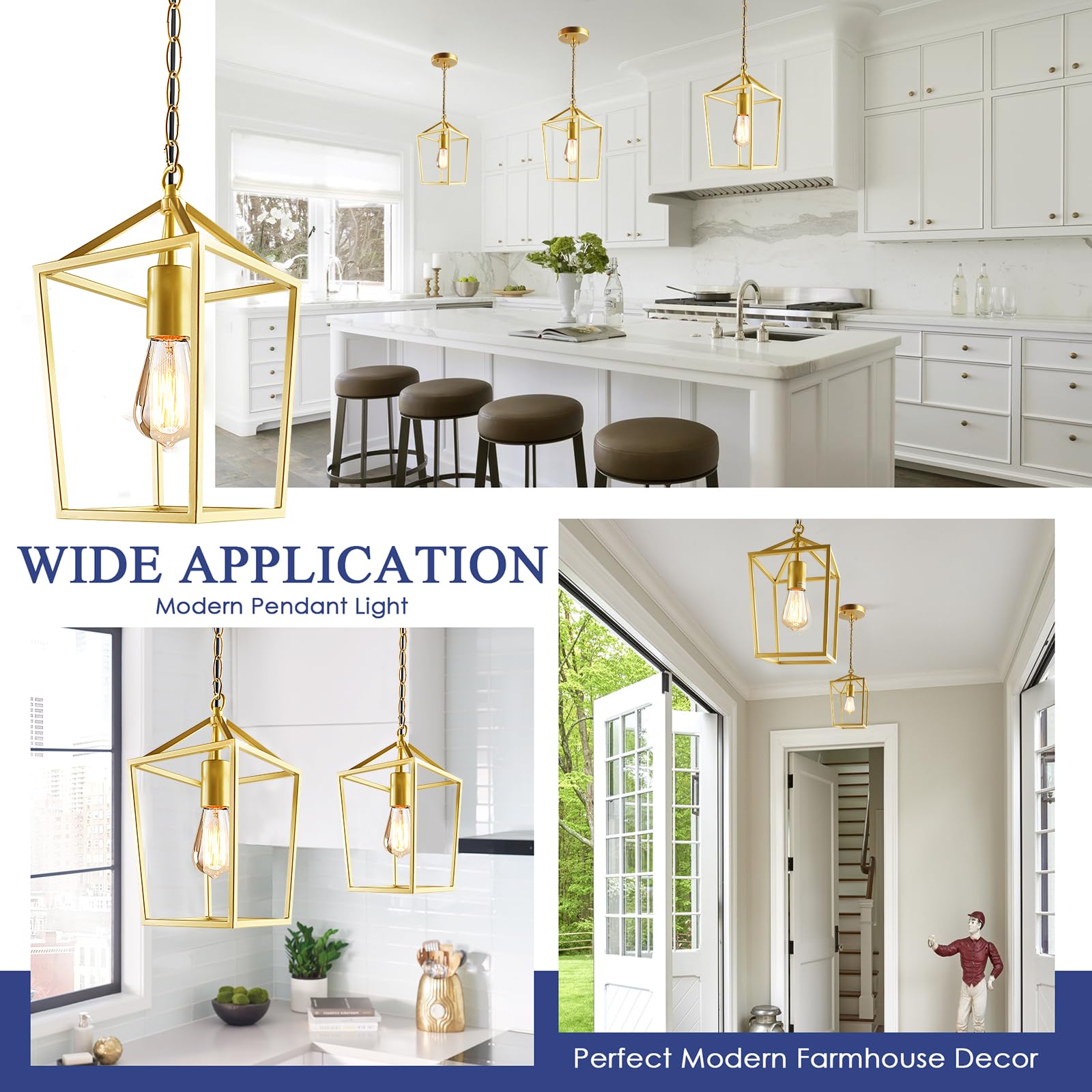 Sheetea 2-Pack Gold Pendant Lights Kitchen Island, Modern Mid Century Light Fixtures Hanging Lamp for Kitchen, Farmhouse Kitchen Pendant Lighting Over Island, Metal Cage Design