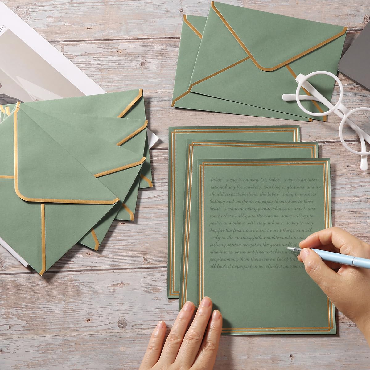50 Pack Stationery Set with Envelopes, Cream Color, 8.5x11 Inches | Gold Border, #10 Business Envelopes and 8.5x11 Paper Sheets, Stickers for Letter Writing, Invitations