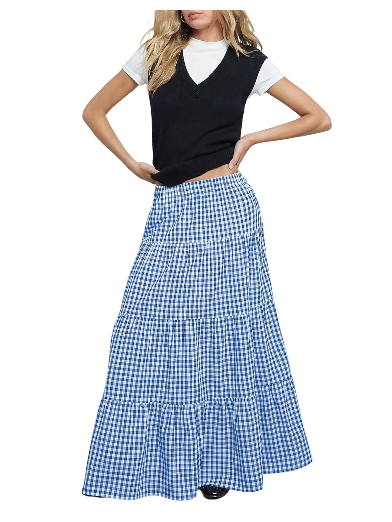 MakeMeChic Women's Plaid Maxi Skirts A Line Ruffle Tiered Layer Y2K Flowy Casual Long Skirts