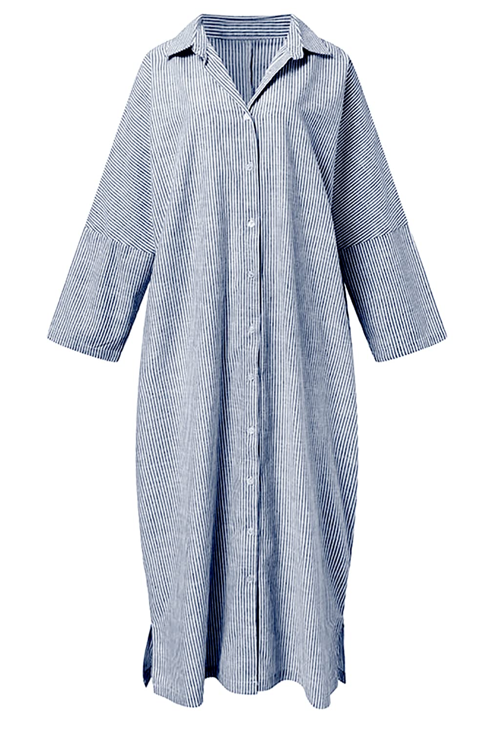 utcoco Womens Striped Long Sleeve Dress Casual Loose Button Down Cotton Maxi Shirt Dress