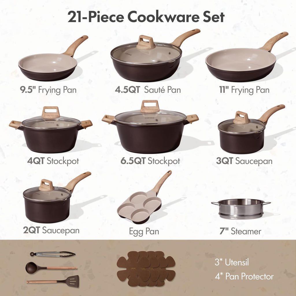 CAROTE 21pcs Pots and Pans Set Nonstick, Cookware Set Black Induction Kitchen Cooking Set w/Frying Pans & Saucepans(PFOS, PFOA Free)