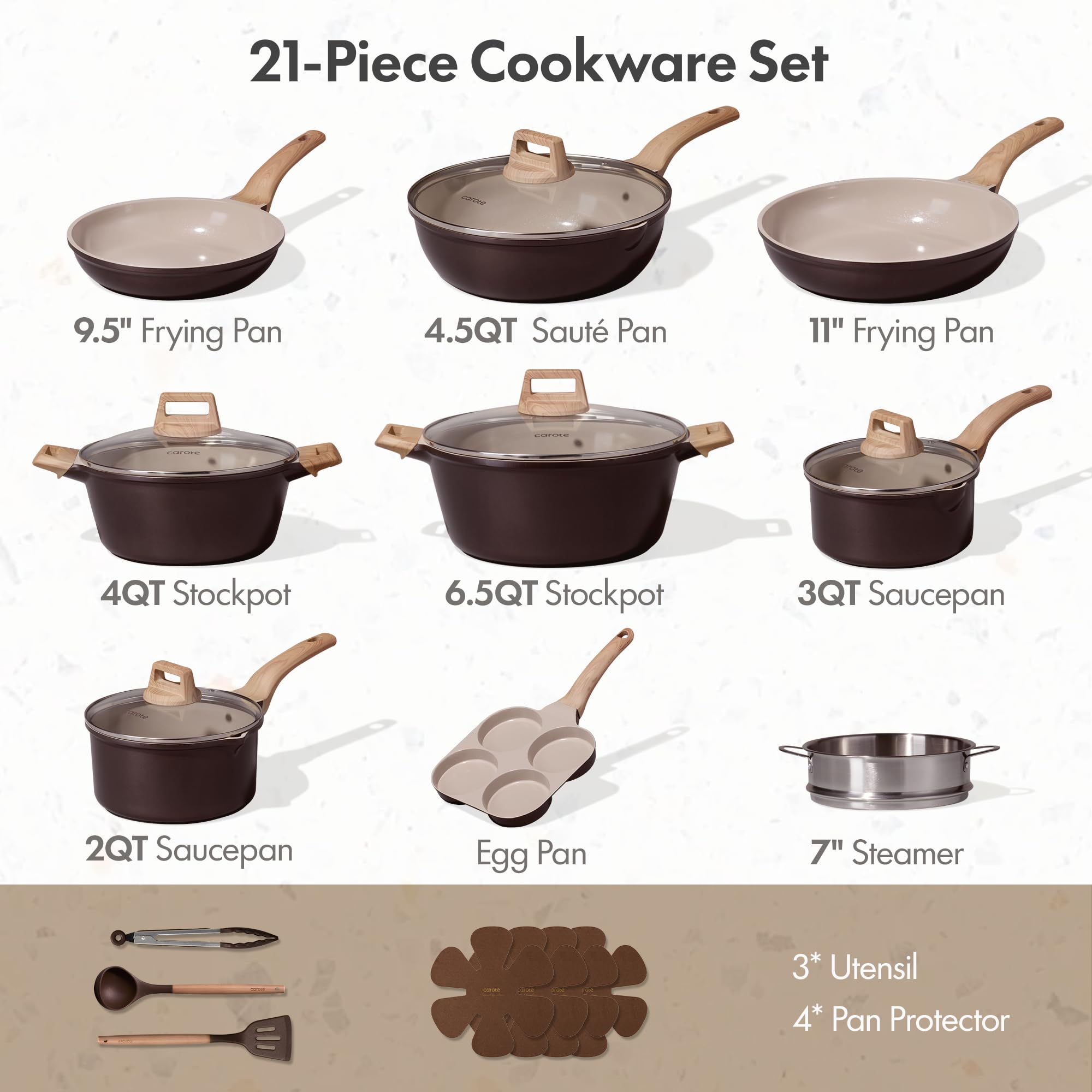 CAROTE 21pcs Pots and Pans Set Nonstick, Cookware Set Black Induction Kitchen Cooking Set w/Frying Pans & Saucepans(PFOS, PFOA Free)