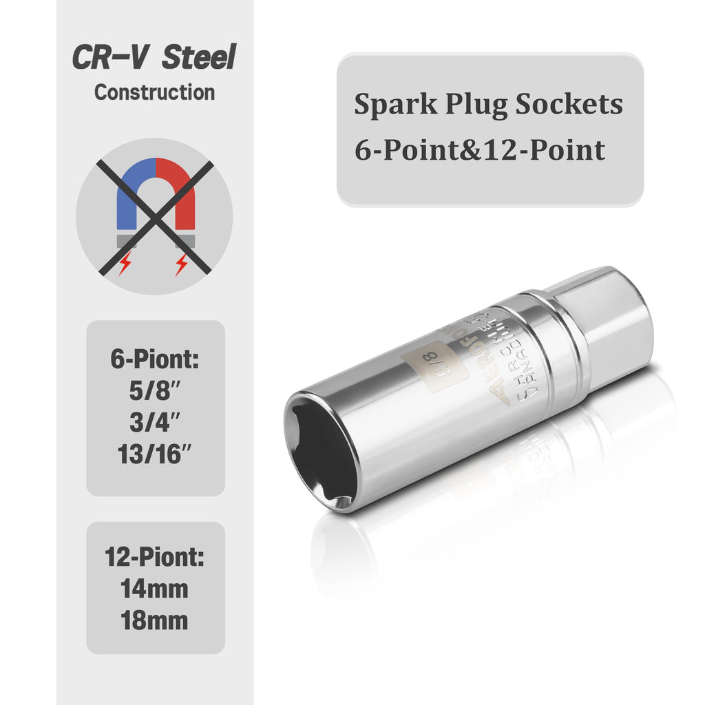 AEROFORCE 3/8-Inch Drive Spark Plug Socket Set 8PCS - Includes 6 Point Sockets 5/8-inch, 3/4-inch and 13/16-inch, 12 Point Sockets 14mm&18mm, 2 Extension Bars,Universal Joint