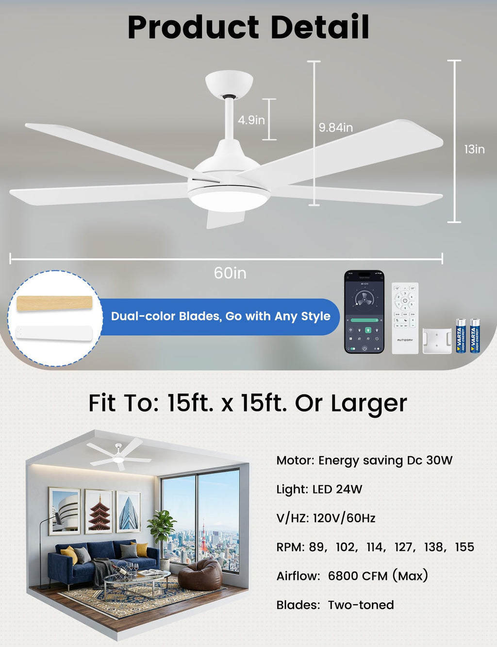 42 Inch Low Profile Ceiling Fan with Light, White Ceiling Fans with Lights and Remote, Flush Mount, 6 Speeds Reversible Quiet DC, 3CCT Dimmable, Indoor Outdoor Ceiling Fans for Patios Bedroom