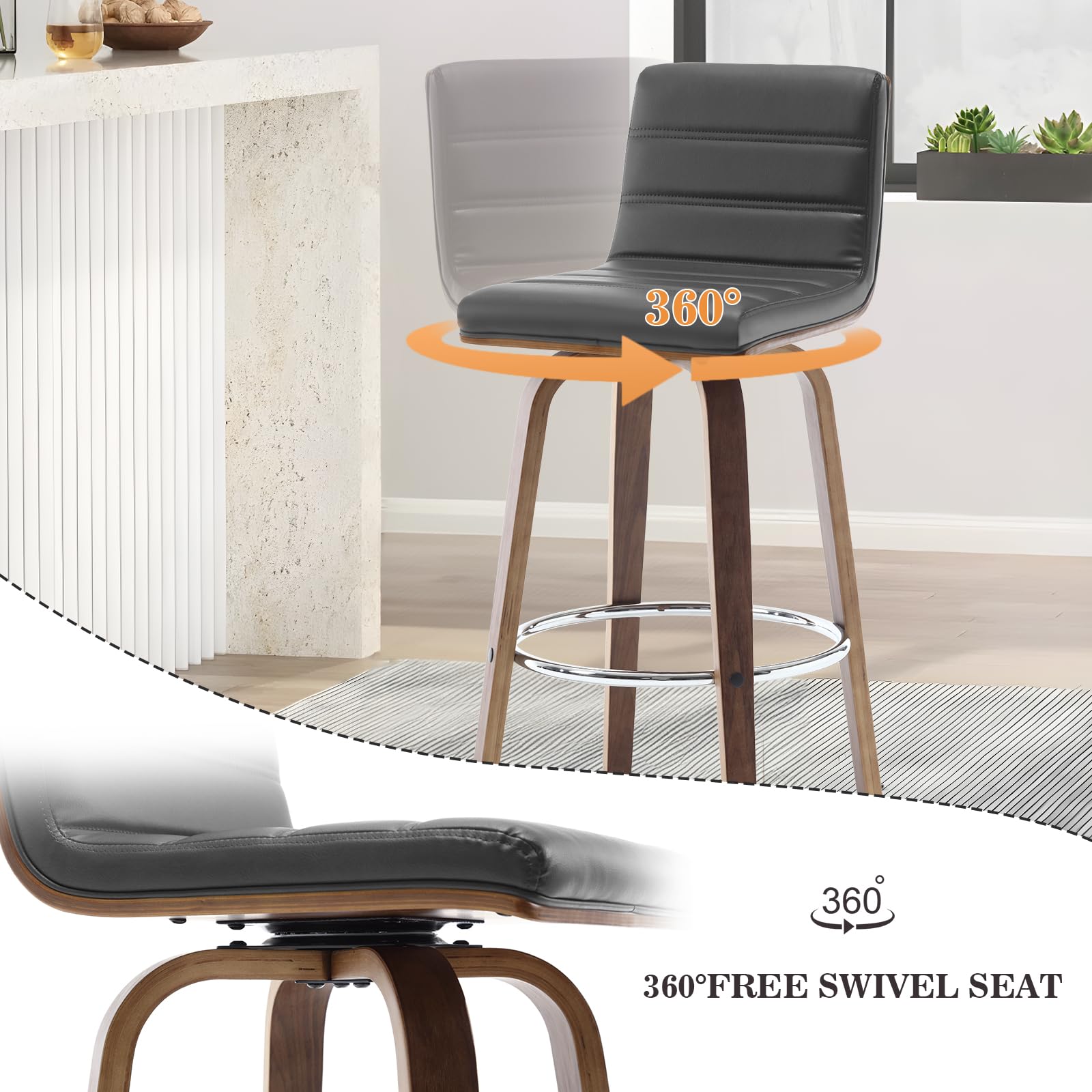 Bar Stools 29 Inch Bar Height, Swivel Bar Stools with Backs Upholstered PU Leather Barstool, L Shape Back and Padded Seat, Mid-Century Modern Bar Stool Pub Chairs for Kitchen Counter Island, Black