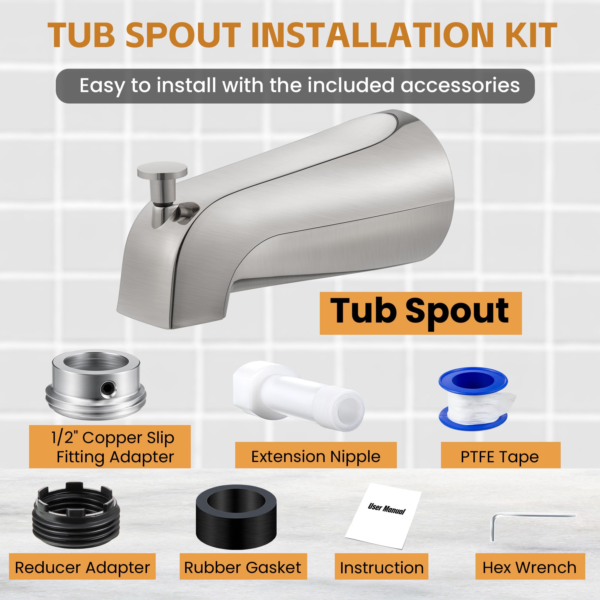 Dreyoo Tub Spout (Universal Fits 1/2" Copper Pipe, 1/2" IPS and 3/4" IPS), Bathroom Bathtub Faucet with Adapters and Hex Wrench(Brushed Nickel,Simple)