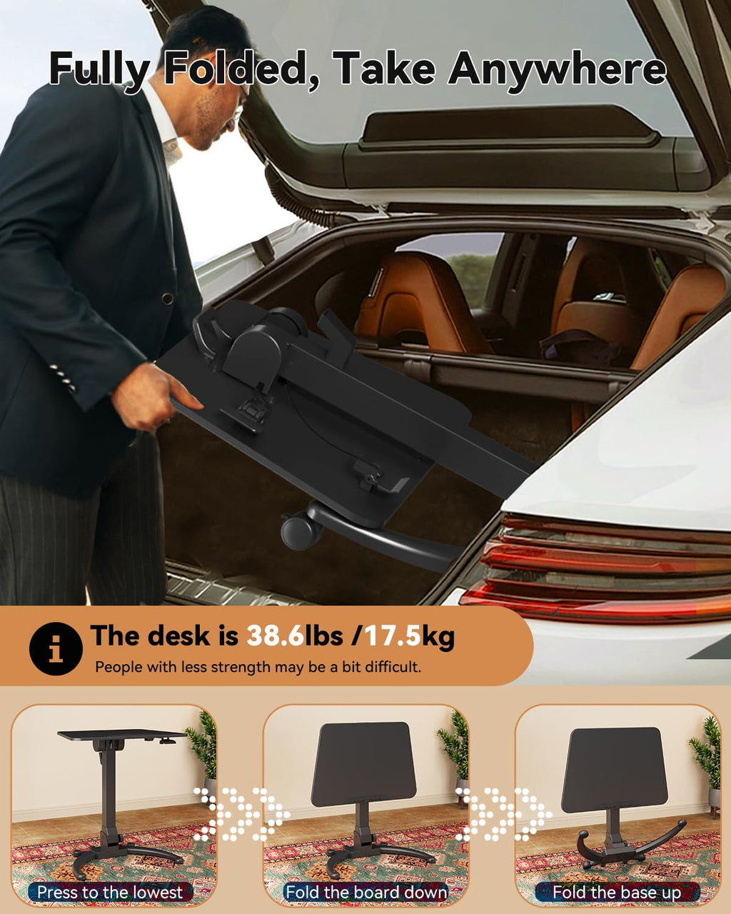 JOY worker Foldable Mobile Standing Desk, Height Adjustable Sit Stand Desk, 90° Tiltable Rolling Laptop Table, Portable Workstation with Non-Slip Mat for Home Office, Holds Up to 22lbs, Black