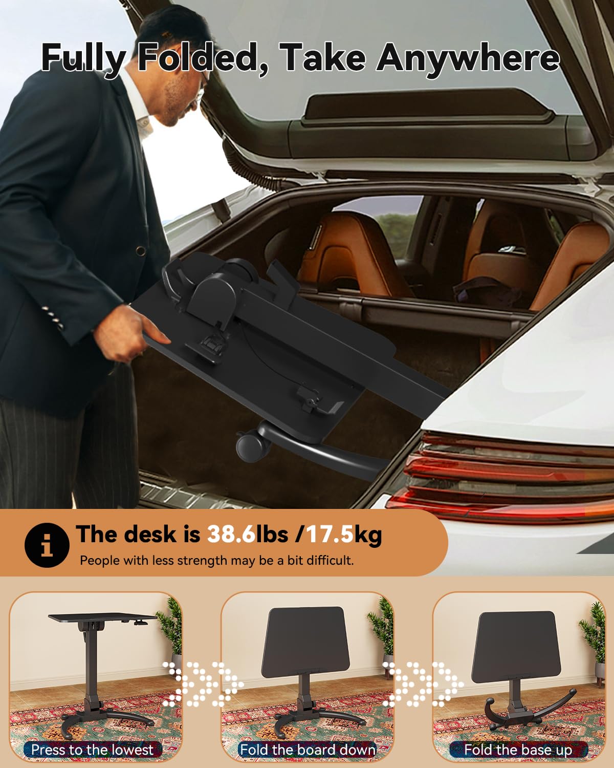 JOY worker Foldable Mobile Standing Desk, Height Adjustable Sit Stand Desk, 90° Tiltable Rolling Laptop Table, Portable Workstation with Non-Slip Mat for Home Office, Holds Up to 22lbs, Black
