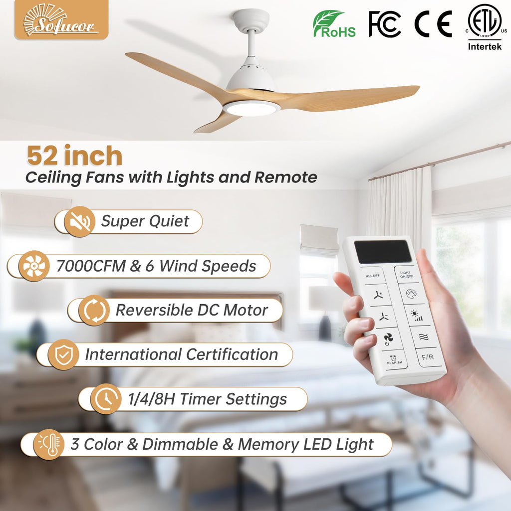 Sofucor 52 Inch Outdoor Ceiling Fans with Lights, Modern Ceiling Fan with 3 Plastic Blade, Quiet, Dimmable, High 7000CFM 6-Speed 3-Timer Reversible DC Motor, for Bedroom Living Room, ETL, Black