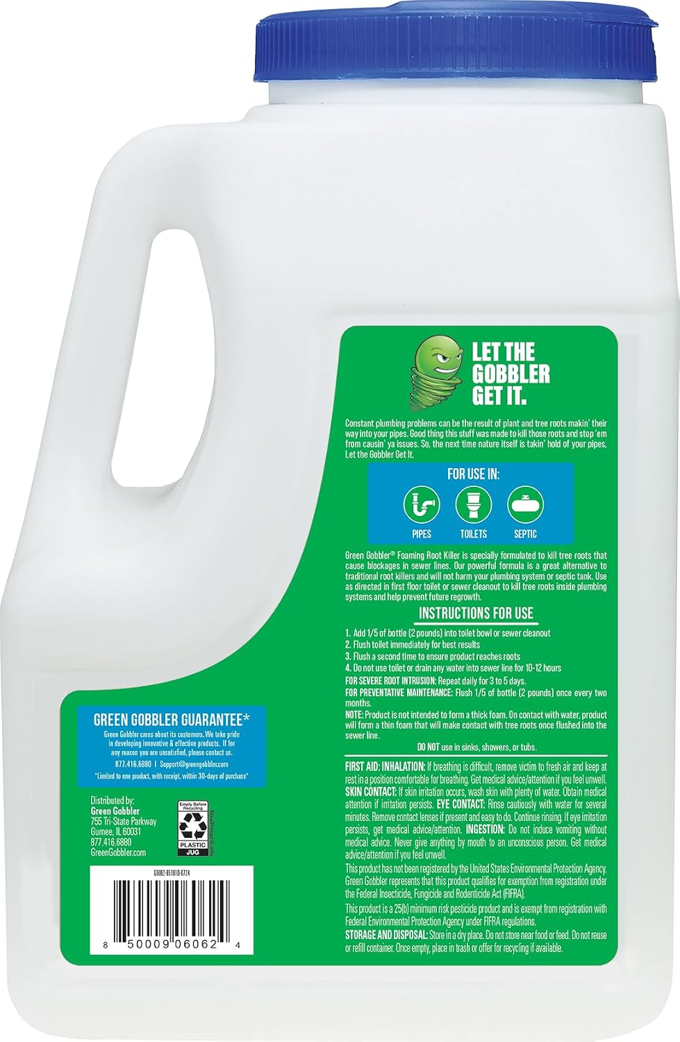 Green Gobbler, FOAMING Root Killer | Kills Tree Roots in Pipes & Sewer Lines | Contains No Copper Sulfate | Safe for Pipes and Septic - 4 USES, 10LBS