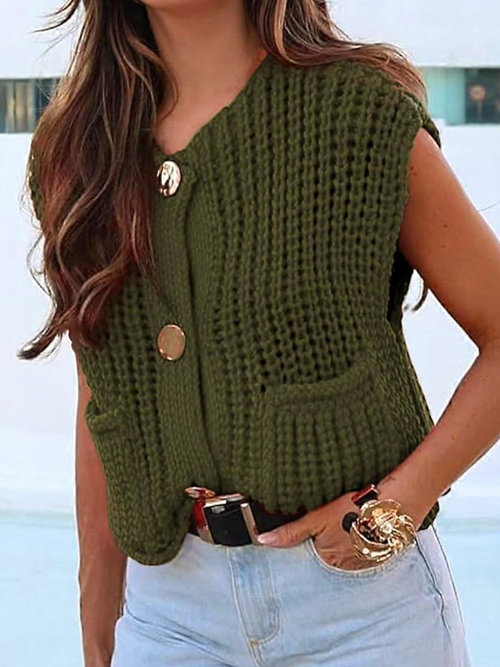 KEOMUD Women's Sleeveless Cropped Knit Cardigan Casual Button Down Crochet Sweater Vest Tops with Pockets