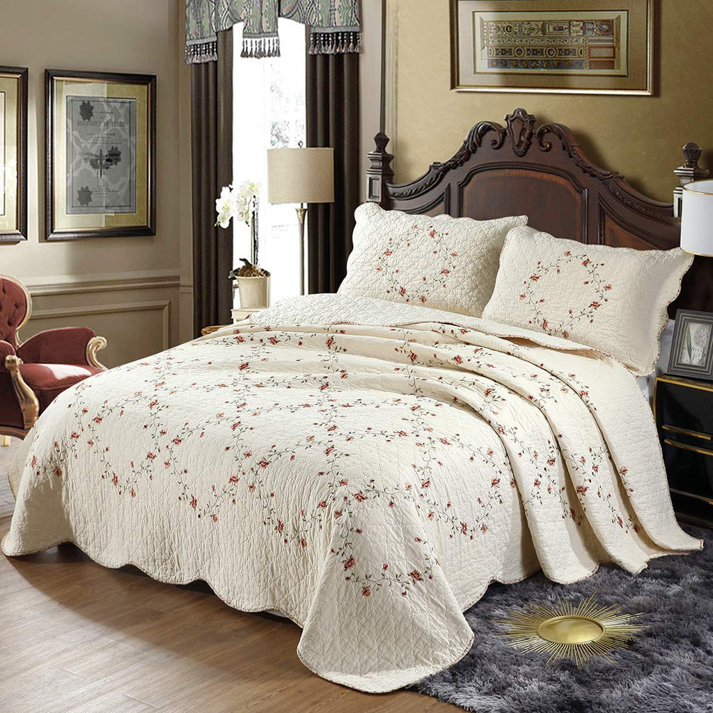 vctops 3-Piece Floral Embroidered Bedspread Coverlet Set Twin Size 100% Cotton Reversible Patchwork 1 Quilt and 2 Pillow Shams (Flower,Twin)